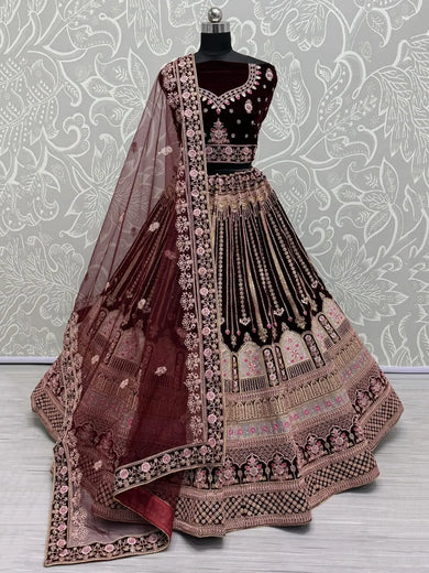 Amazing Wine Color Velvet Bridal Lehenga Choli With Dupatta - Ethnic Plus In